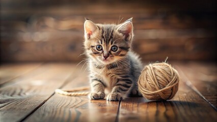 Adorable playful kitten playing with yarn ball on wooden floor with soft focus and natural light