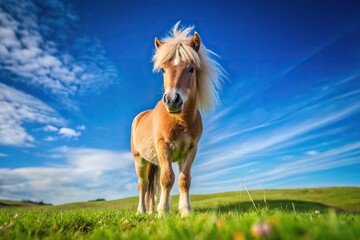 Obraz premium Adorable pony in serene pasture with blue sky overhead