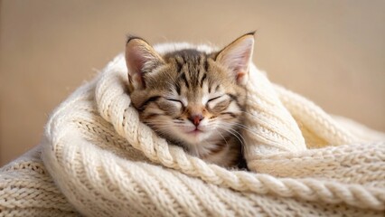 Adorable tabby kitten sleeping cozily wrapped in a white knitted blanket on a beige background