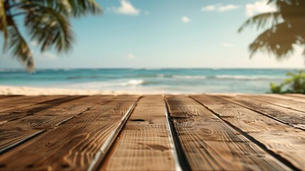 Wooden table surface with blurred beach setting, ideal for showcasing or product placement