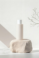 Minimalist Skincare Bottle Displayed on Natural Stone Elements