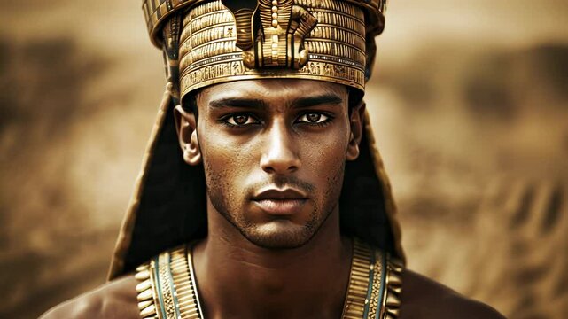 A solemn African man dressed as an ancient Egyptian pharaoh, symbolizing Egyptian heritage and culture, ideal for historical and educational concepts
