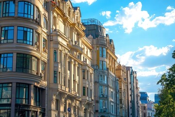 Economics, banking, business and finance concept. A fragment of a modern office building in the capital of Ukraine - Kyiv. Horizontal photo. Kiev, Ukraine, Europe , ai