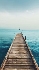 Naklejka premium Tranquil wooden dock overlooking calm blue sea with sailboat under clear sky and natural light
