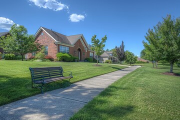 Obraz premium Elegant Suburban Neighborhood with High-End Homes, Manicured Lawns, Concrete Driveway, and Clear Blue Sky