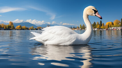 Fototapeta premium Majestic swan gliding on lake with mountain landscape. Concept of serenity and natural beauty.