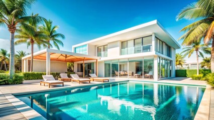 Fototapeta premium A luxurious, modern villa is showcased, featuring sleek white architecture with clean lines and large glass windows that reflect the bright blue sky.