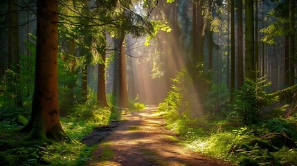 Obraz premium Morning in the autumn forest with sunbeams