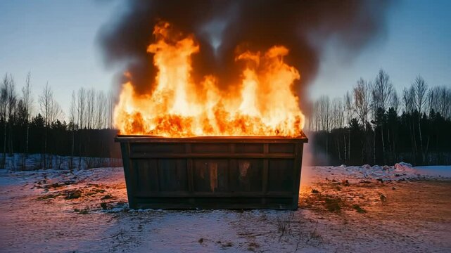 A large dumpster fire blazing intensely against a wintery forest backdrop, symbolizing chaos and disaster, makes a fitting metaphor for challenging situations