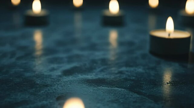 Multiple lit tealight candles on a dark surface, evoking concepts of peace and remembrance, often associated with meditation or memorial ceremonies