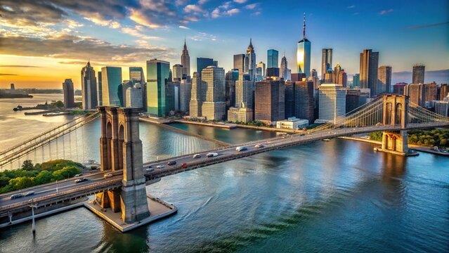 Aerial drone view of Brooklyn Bridge and Manhattan skyline with asymmetrical composition