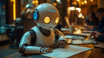 AI robot actively participating in a brainstorming session in an advertising agency meeting room