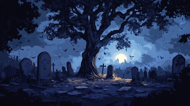 A spooky cartoon graveyard scene with scary tombstones, a shadowy tree, and mysterious lights. It's a perfect backdrop for a Halloween game or comic.