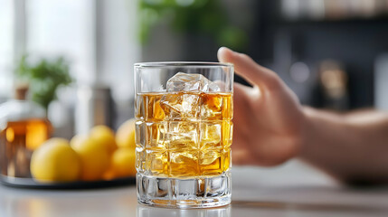 A glass of whiskey with ice and a hand reaching for it.