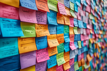 Colorful post its on a wall with scribbles, used for organization and brainstorming in a work environment.