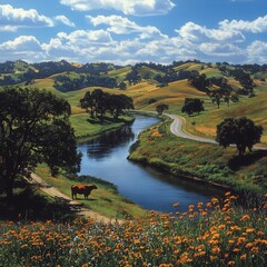 Obraz premium A peaceful afternoon by the river with rolling hills and grazing cow near a winding road