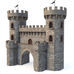 3D Render of a stone castle with tall battlements and a drawbridge, on isolated white background