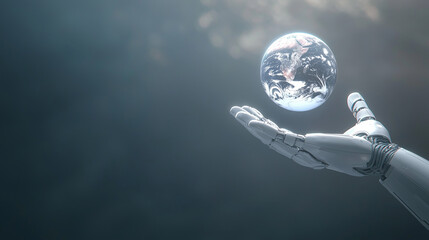 Fototapeta premium robot hand holding a floating hologram of planet Earth, symbolizing global business communication, AI machine intelligence, and future tech networks. Suitable for visuals related t