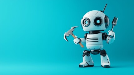 404 error page not found. Serviceman robot with hammer and pliers on blue background. Text message Something went wrong but we are working on it.