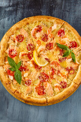 Delicious Salmon and Tomato Pizza on Rustic Background