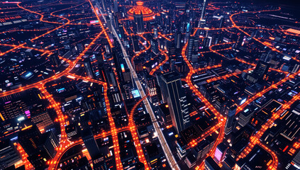 Fototapeta premium An aerial view of a network of glowing city streets and roads.