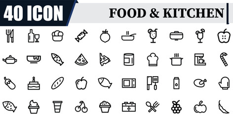 set of linear food icon. kitchen line icon set. chicken, spatula, oven, and dough linear icon set.