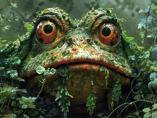 Fototapeta premium A close-up of a frog with large, red eyes and a mossy green skin, partially hidden amongst green foliage.
