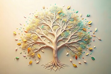 Aerial view of a delicate tree of life in light pastel colors with fallen leaves