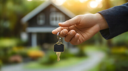 A hand holding a key in front of a house, symbolizing ownership.