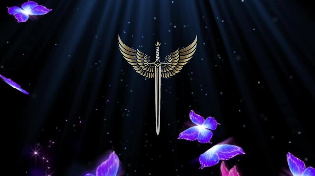 A Dramatically Lit Sword With Wings Surrounded by Fluttering Glowing Purple Butterflies