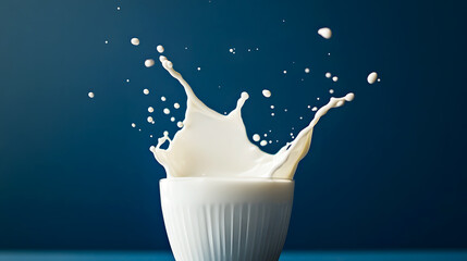 glass of milk with a splash that resembles an abstract piece of art, the liquid curving and twisting against a deep blue backdrop