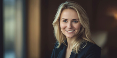 Fototapeta premium Beautiful woman, businessman of European appearance, 30-year-old lawyer in a business suit for a law firm, close-up with a smile on her face. Business style. Office work concept. Advertising banner.