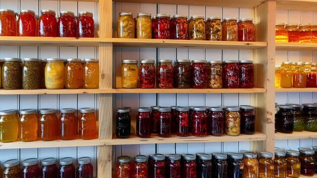 Jars of preserves are lined up on wooden shelves, showing a variety of colors and ingredients. The preserves are displayed in a visually appealing way, showcasing the innovative production methods