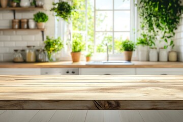 Wooden table top with copy space on blurred kitchen room interior and summer window background , ai