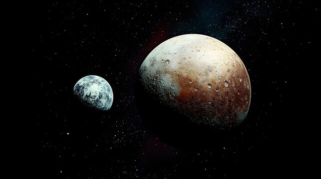 A stunning holographic visualization showcasing the dwarf planet Pluto and its icy satellite Charon