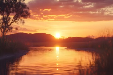 Fototapeta premium Golden Sunset Over Water