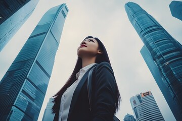 Fototapeta premium Businesswoman Looking Up at Skyscrapers in Modern City