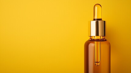 Naklejka premium Elegant amber dropper bottle on a vibrant yellow backdrop, perfect for beauty and skincare product presentations.