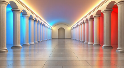 Naklejka premium Surreal futuristic empty hall corridor with vibrant red and blue illuminated columns in dreamlike symmetrical perspective