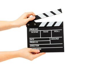 Naklejka premium Movie clapper. Movie clapperboard in hands isolated on white background. Concept recreation and entertainment. Cinema concept.