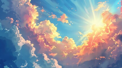 Sunny sky with beautiful clouds and bright rays