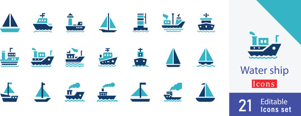 Water ship colored vector design icon set. maritime, nautical, vessel, boat, ferry,  fishing boat, submarine, navy ship and more illustration design