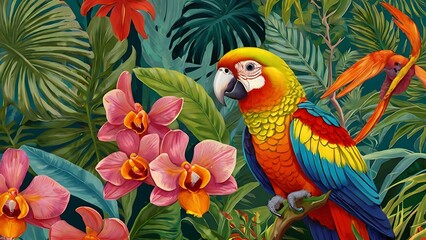 Fototapeta premium Beautiful painting of a colorful parrot covered in green forest leaves, unique bird with colorful feathers