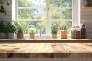 Wooden table top with copy space on blurred kitchen room interior and summer window background , ai