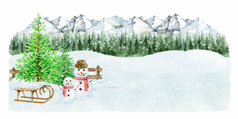Cute snowman on snowy ground with Christmas tree in winter landscape. Winter season outdoors festive scene. Vintage style illustration. Winter time decor with fir tree, sled, snowman, snow piles