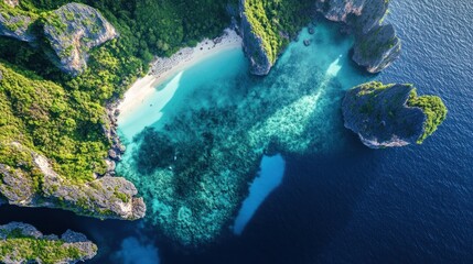A beautiful island with a blue ocean and green mountains