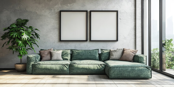 A modern living room featuring a large L-shaped green sofa with two framed blank canvases hanging on the wall above it