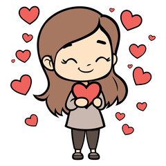 Cute Lovely Girls Holding Hearts. Flat Vector Illustration