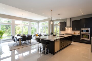 Modern kitchen and dining area with large windows and elegant decor.