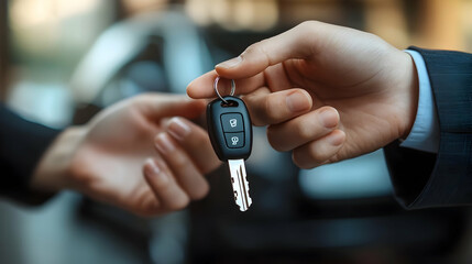 A handover of car keys between two individuals.